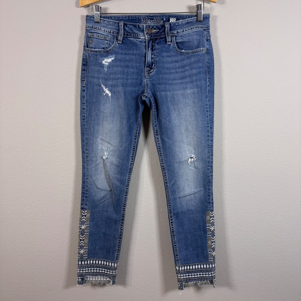 Miss Me Mid Rise Skinny Distressed Embroidered Jeans Boho Western Indie 27x27